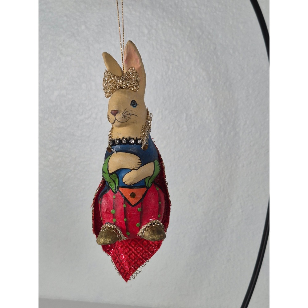 Vtg Hand Painted Papier Mache Bunny Rabbit Ornament Red Cape Rhinestone Collar